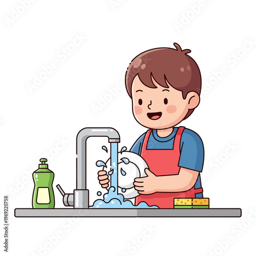 Happy boy washing dishes with faucet water and detergent, cartoon style