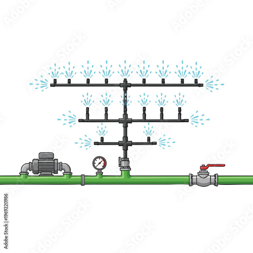 Irrigation system with pump, pressure gauge, valve, and sprinklers spraying water
