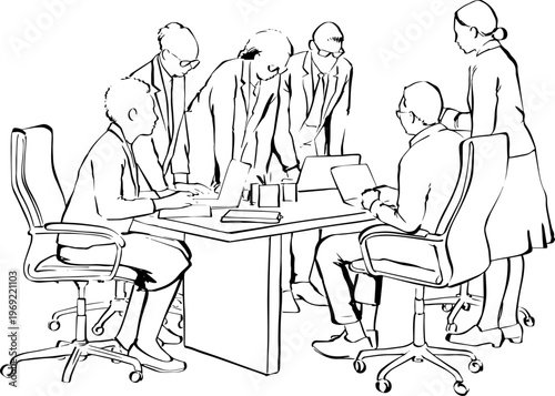 Group of business people having intensive meeting at table vector sketch