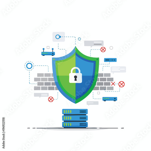 Digital network security shield protecting servers from threats and unauthorized access