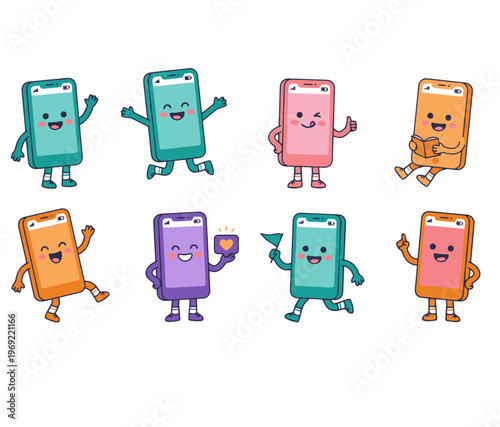 A colorful illustration of friendly smartphone characters with smiling faces and interactive poses for technology and UI design