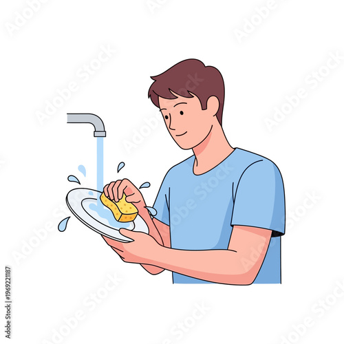 Man washing a plate under running water with a sponge, domestic chores, illustration
