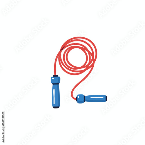 A coiled red jump rope with blue handles lies on a white background
