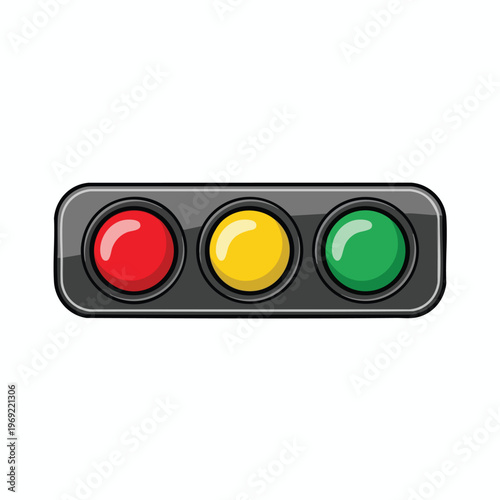 A horizontal traffic signal with red, yellow, and green lights illuminated