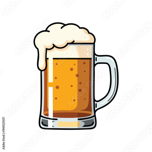 Refreshing amber liquid in a glass mug, topped with frothy white foam