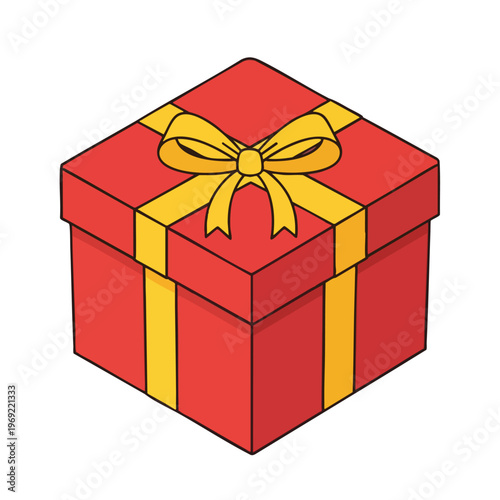 A square red gift box with yellow ribbon and a bow