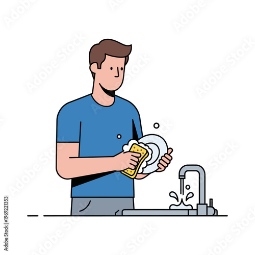 Man washing dishes in kitchen sink with running water and sponge