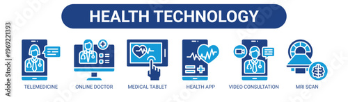Health Technology web banner icon vector illustration concept with icons of telemedicine, online doctor, medical tablet, health app, video consultation, and MRI scan.