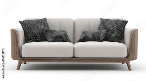 A white couch with black pillows on it