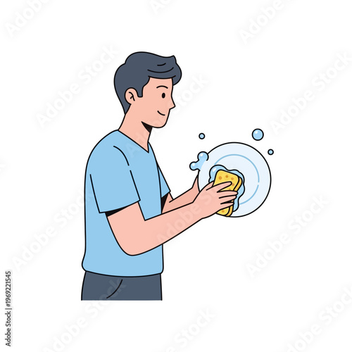 Man washing dishes with sponge, cartoon style illustration