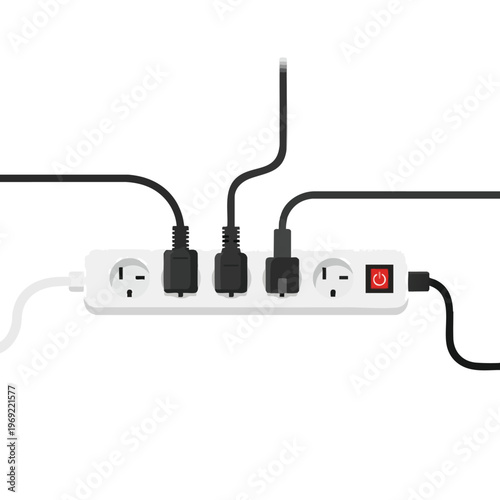 White power strip with four outlets, three plugs, and red power button