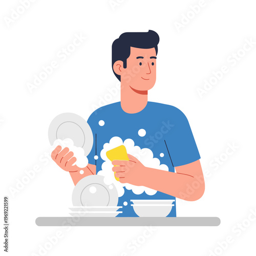 Man washing dishes with sponge, kitchen chore, domestic hygiene, clean plates