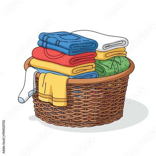 Woven basket overflowing with neat stacks of folded colorful laundry and one sock
