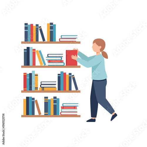 Woman choosing book from bookshelf, library, education, reading, study, knowledge