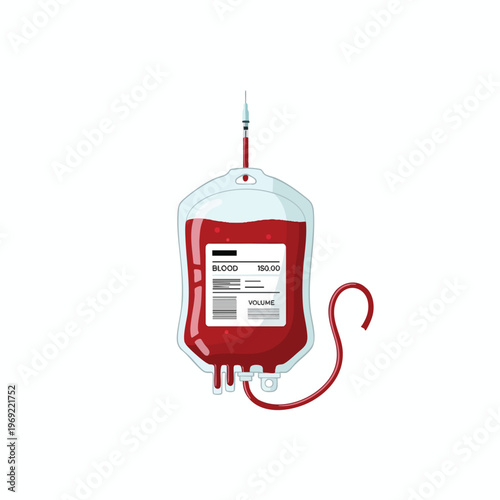 A blood bag filled with dark red liquid, connected to a needle and tubing