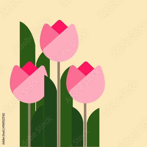 Minimalist Geometric Pink Tulip Flowers in Retro Flat Design Style