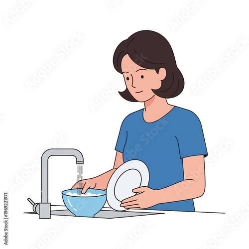 Woman washing dishes at kitchen sink with running water, clean plate