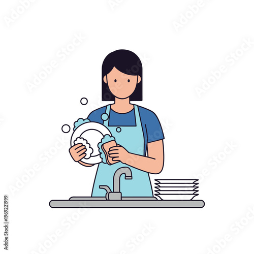 Woman Washing Dishes in Kitchen Sink with Bubbles