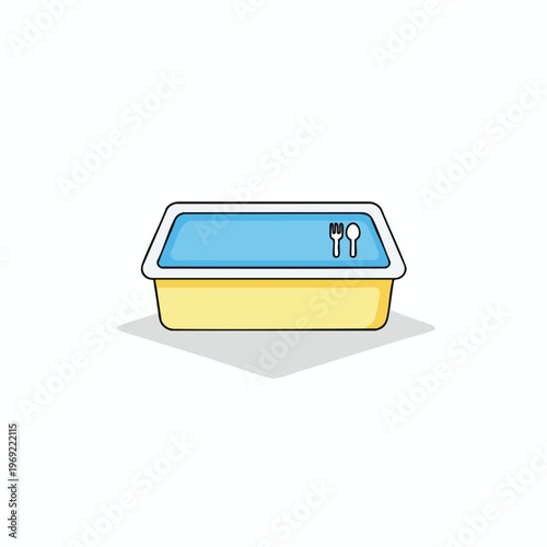 A simple illustration of a yellow container with a blue lid and silverware symbols