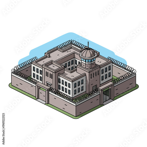 Isometric view of a secure facility with high walls, barbed wire, and a guard tower