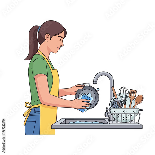 Woman washing dishes in kitchen sink, cleaning cookware with sponge and soap suds.