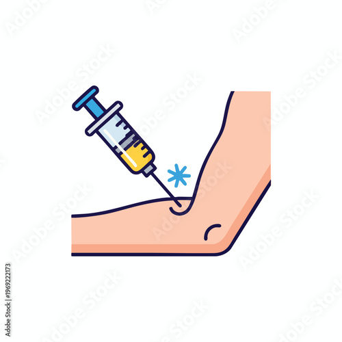 Stylized injection being administered into an arm with a blue asterisk indicating the injection site