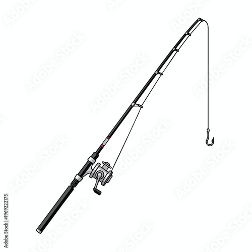 A cartoon fishing rod with reel and hook on white background