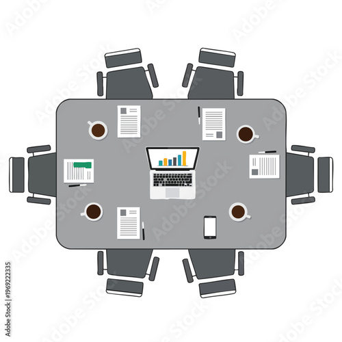 Conference table with chairs, laptop, documents, coffee cups, and phone