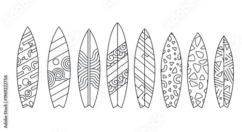 Surfboard, vector icons, black and white, patterns, surfboards collection
