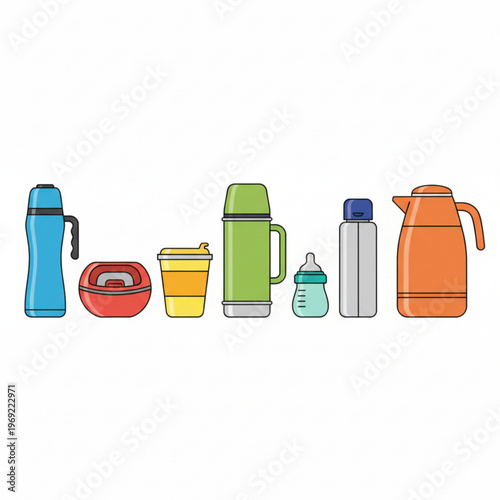 Thermos bottle vector set with vacuum flask collection in flat cartoon style isolated on white