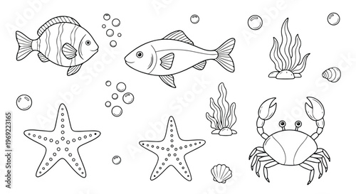 Underwater creatures, sea animals, fish, starfish, crab, ocean icons, 8 elements