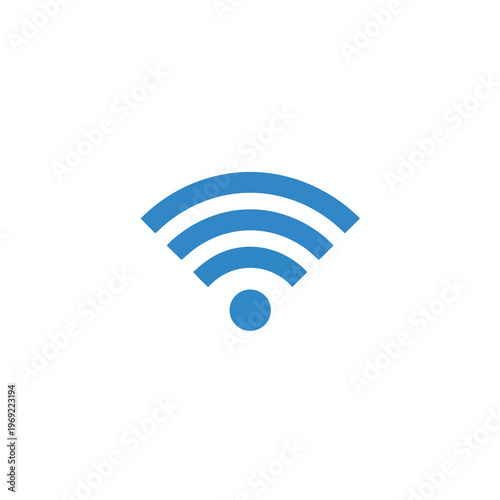 A minimalist blue Wi-Fi signal icon on a white background
