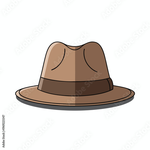 Flat design of a brown fedora hat with a dark band and wide brim