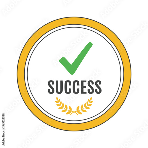 A green checkmark above the word "SUCCESS" inside a gold and white circular frame