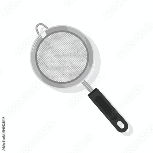 A gray metal sieve with a black handle lies on a white background, angled