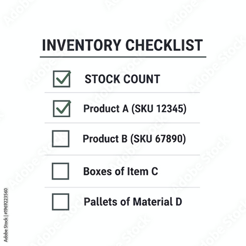 INVENTORY CHECKLIST - Stock count, Product A (SKU 12345), Product B (SKU 67890), Boxes of Item C, Pallets of Material D