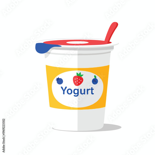 A single-serving container of berry yogurt with a spoon rests on a white background