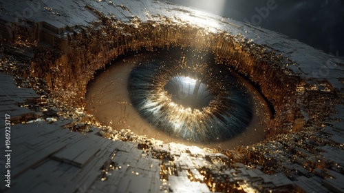 Surreal giant golden eye sculpture shedding a pearl-like tear, surrounded by sharp alien shapes, illuminated with golden backlighting, dramatic negative space and cinematic poster design.