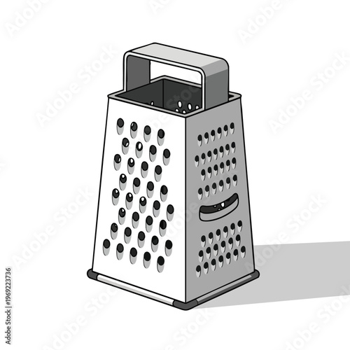 A silver multi-sided box grater with a handle and various sized holes