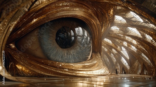 Surreal giant golden eye sculpture shedding a pearl-like tear, surrounded by sharp alien shapes, illuminated with golden backlighting, dramatic negative space and cinematic poster design.