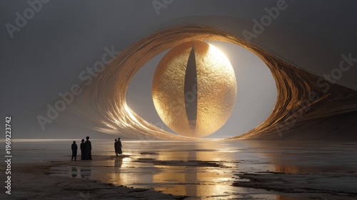Surreal giant golden eye sculpture shedding a pearl-like tear, surrounded by sharp alien shapes, illuminated with golden backlighting, dramatic negative space and cinematic poster design.