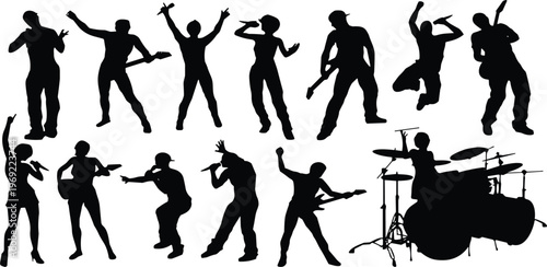 Black, music, band, silhouettes, set, with, singers, guitarists, drummers, and, performers, isolated, on, white, background, vector, illustration, live, concert, collection.