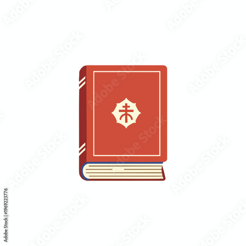 Open red book with a symbol on front and layered pages