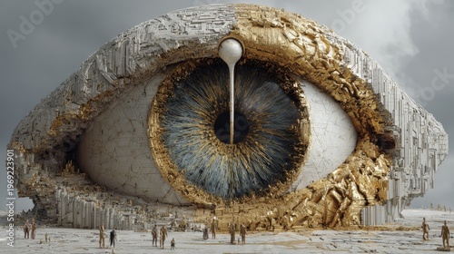 Surreal giant golden eye sculpture shedding a pearl-like tear, surrounded by sharp alien shapes, illuminated with golden backlighting, dramatic negative space and cinematic poster design.