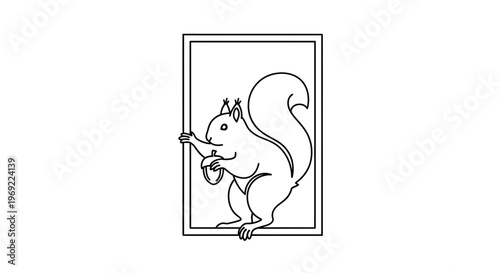 Cute Squirrel Holding Nut in Frame, Line Art Illustration
