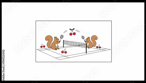 Cute Squirrels Playing Badminton with Cherries on a Tennis Court