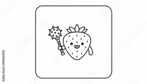 Cute Strawberry Character Holding a Spiked Mace, Kawaii Style, Vector Illustration