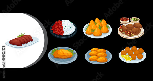A variety of traditional Indian dishes are displayed on multiple plates against a black background