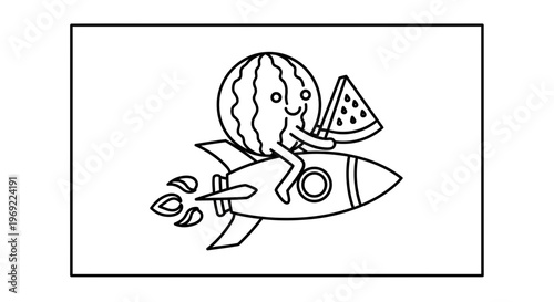 Cute watermelon character riding a rocket, holding a slice of watermelon, cartoon style