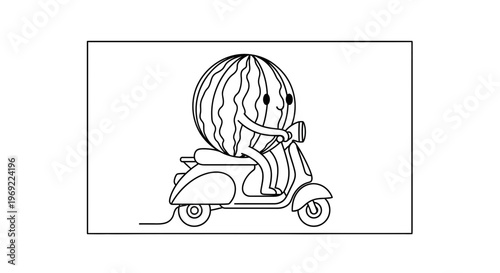 Cute Watermelon Character Riding a Scooter, Funny Fruit Illustration